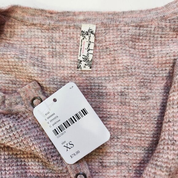 Free People NWT Think Thermal Henley Top Womens XS Pink Waffle Knit Long Sleeve - Picture 2 of 9